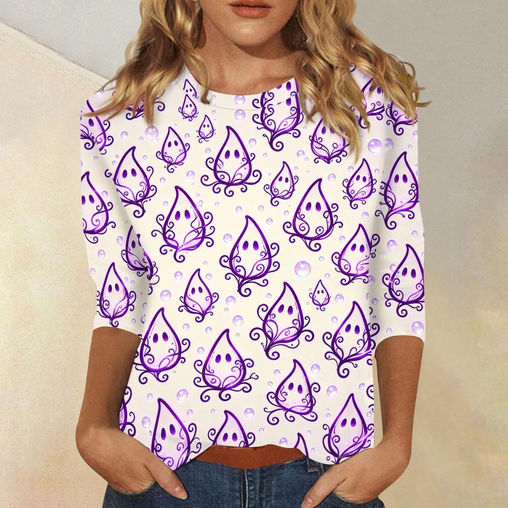 Women’s Casual Three Quarter Sleeve Halloween Print Crew Neck Top with Relaxed Fit for Seasonal Wear and Everyday Outfits