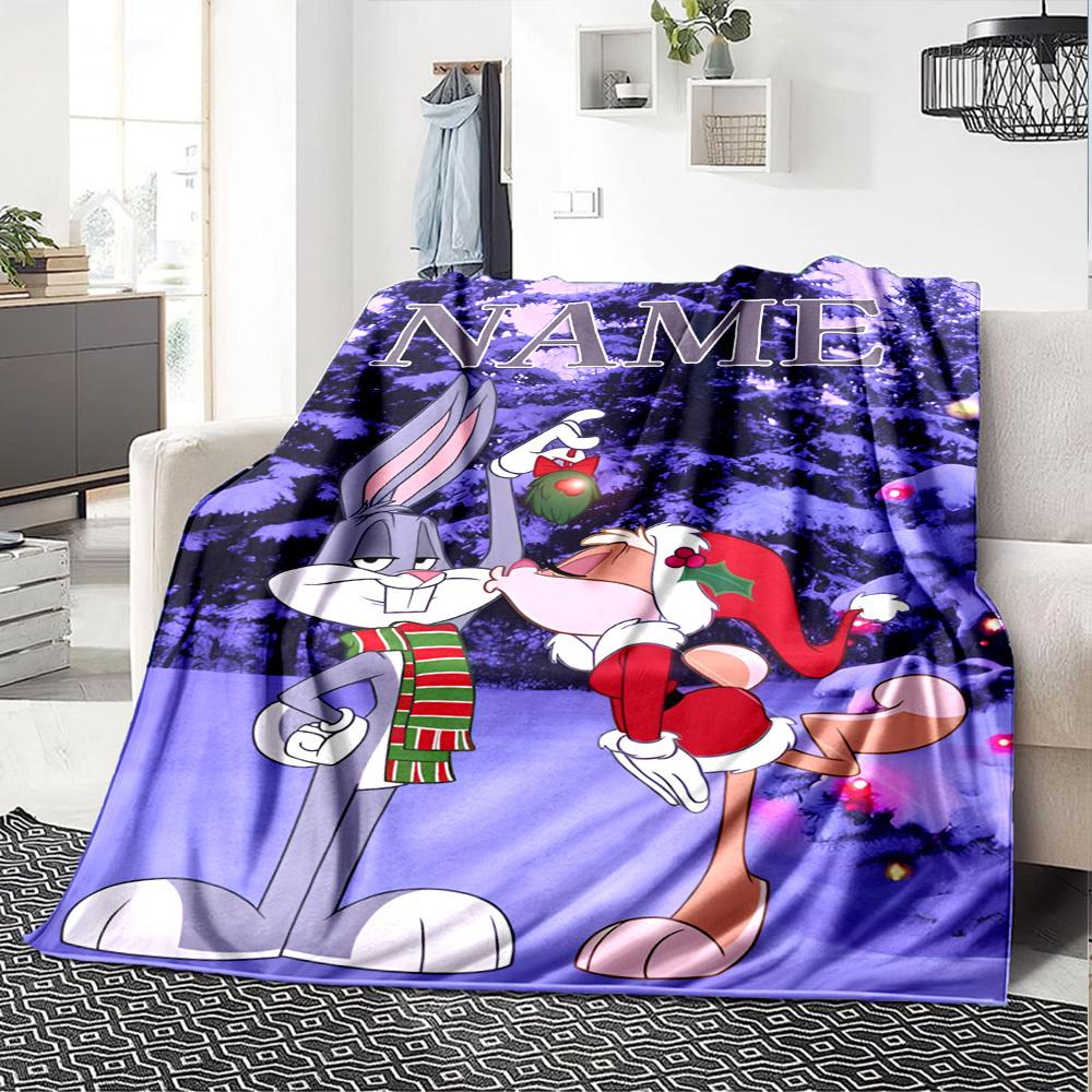 Bugs Bunny And A Santaclad Character Celebrate Christmas In A Snowy Forest Setting Gift Customizable Blanket Customize Your Name Soft Cozy Versatile