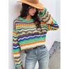 Autumn and Winter Splicing Knitted Sweater Loose Intercolor Crew Neck Striped Sweater Women