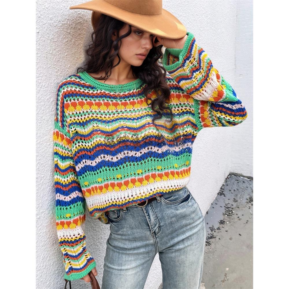Autumn and Winter Splicing Knitted Sweater Loose Intercolor Crew Neck Striped Sweater Women