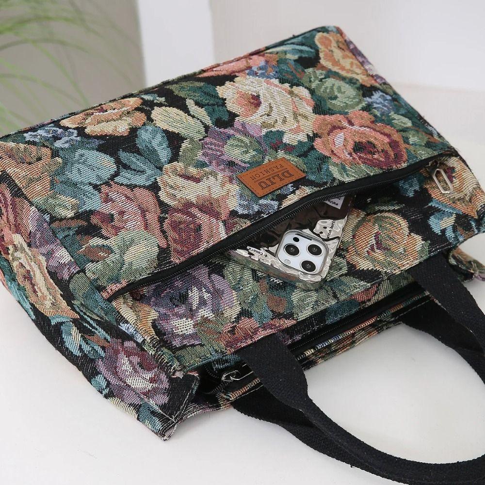 Portable Floral Print Women's Tote Bag Thickened Canvas Lunch Bag Zipper Large Capacity Jacquard Handbag
