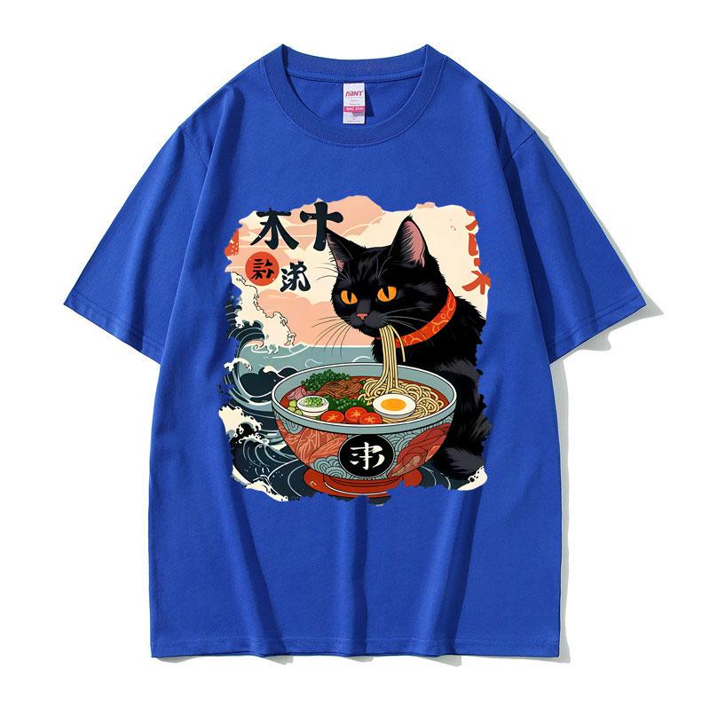 Funny Anime Ramen Cat Meme T Shirt Vintage Japanese Kawaii Noodle Cats Graphic T Shirts Men Women Fashion Casual Cotton T-shirts