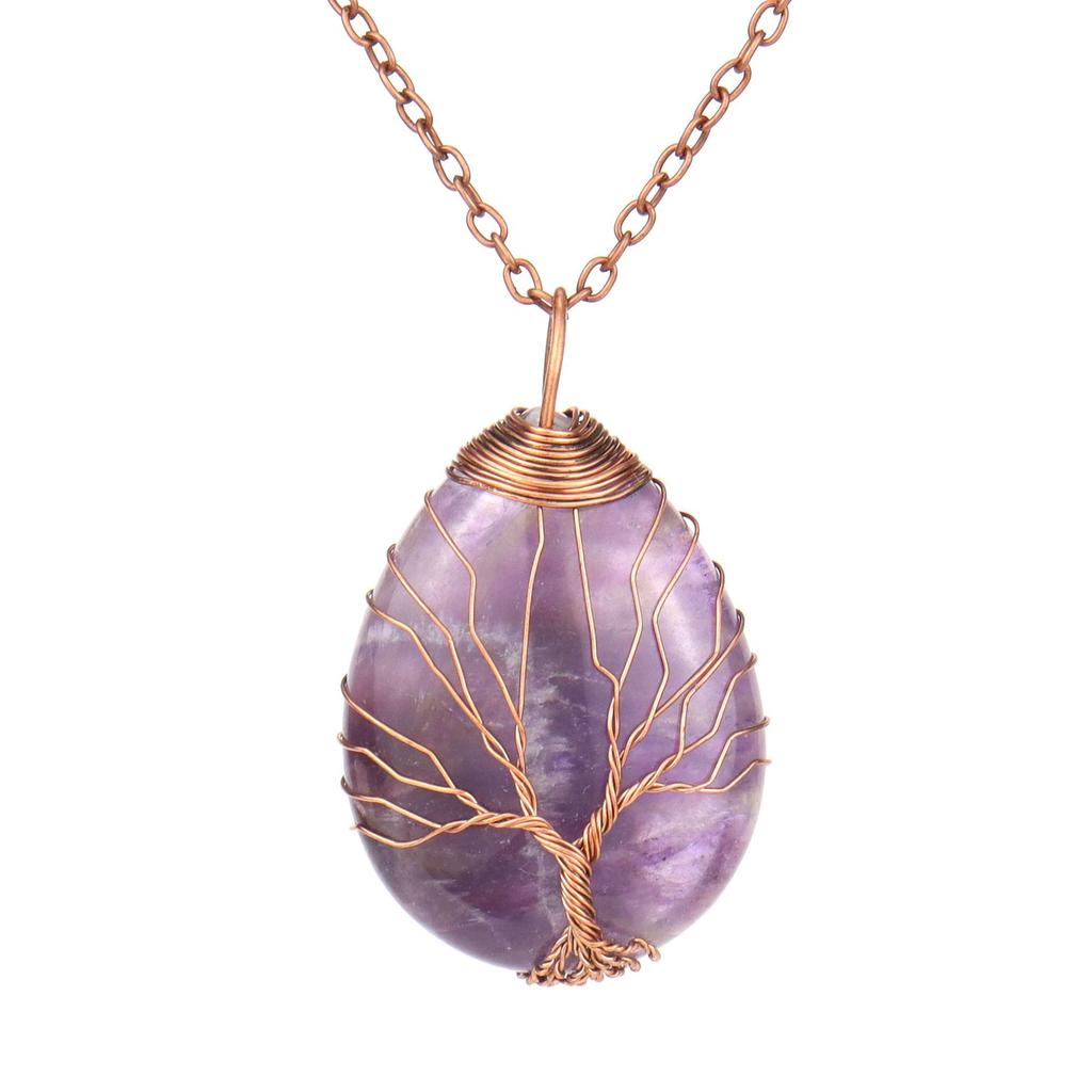 Direct Sales Copper Wire Winding Tree Of Life Water Drop Natural Gemstone Necklace Necklace N517 Pendant