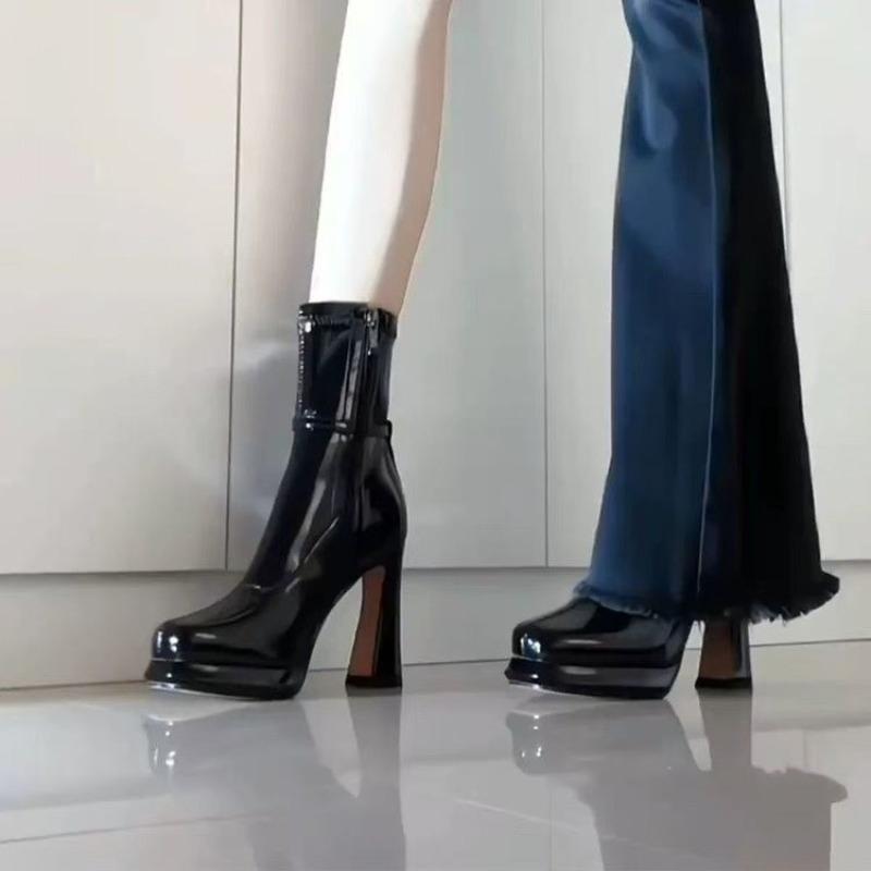 Fashion Black Patent Leather Side Zipper for Slimming Square-toe One-button Sexy High-heeled Boots 2025 New