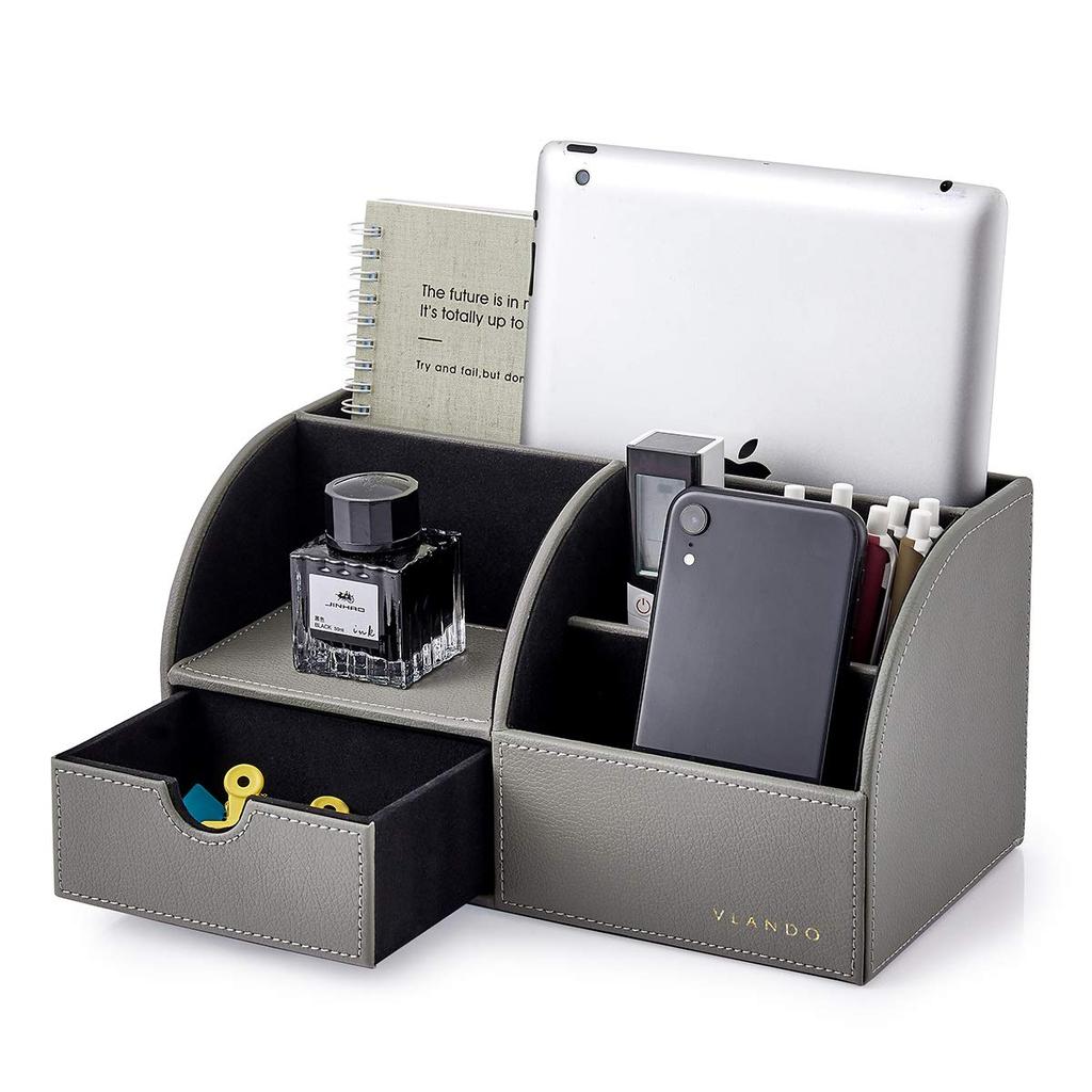 Vlando Desk Organizer with Pen Holder, Remote Control Rack, and Small Item Storage (Gray)