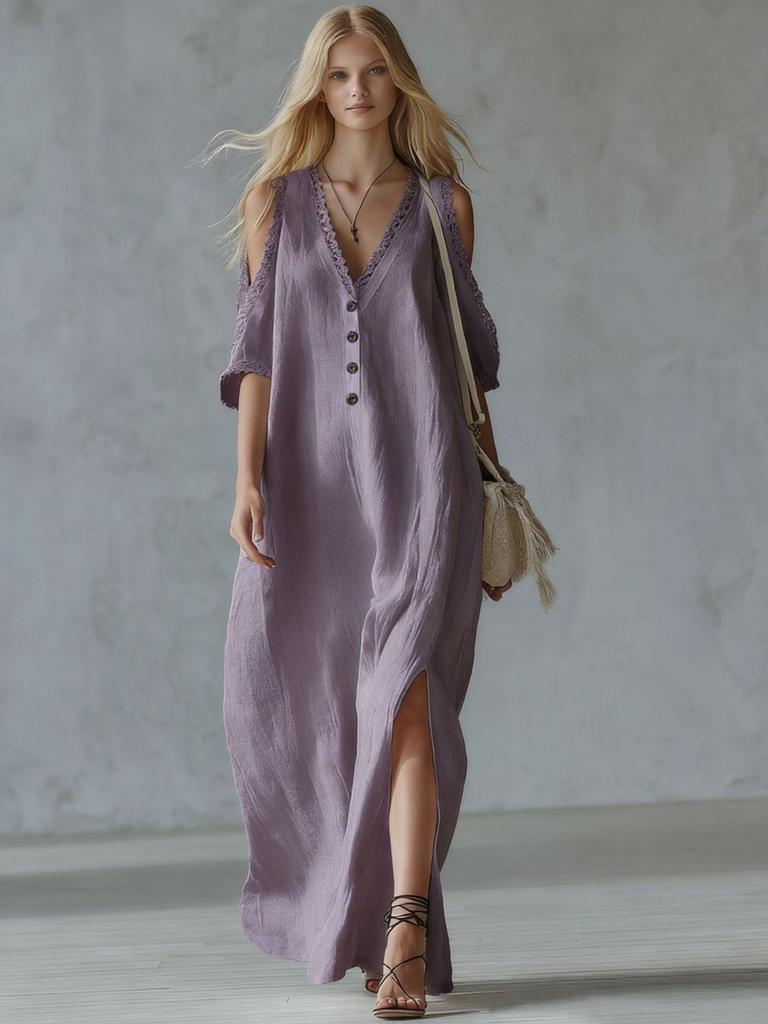Nouvelle Robe Casual Femme à Bordure en Dentelle Épaules Dégagées Jupe Longue