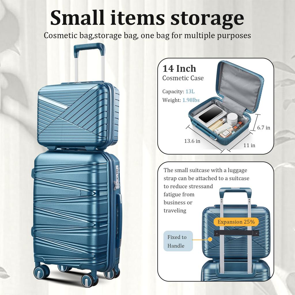 4-Piece Hardshell Luggage Set PP, Suitcase (20/24/28 Inch), 14" Cosmetic Case, Removable Wheels, Space-Saving, Lightweight & Robust Combination Lock
