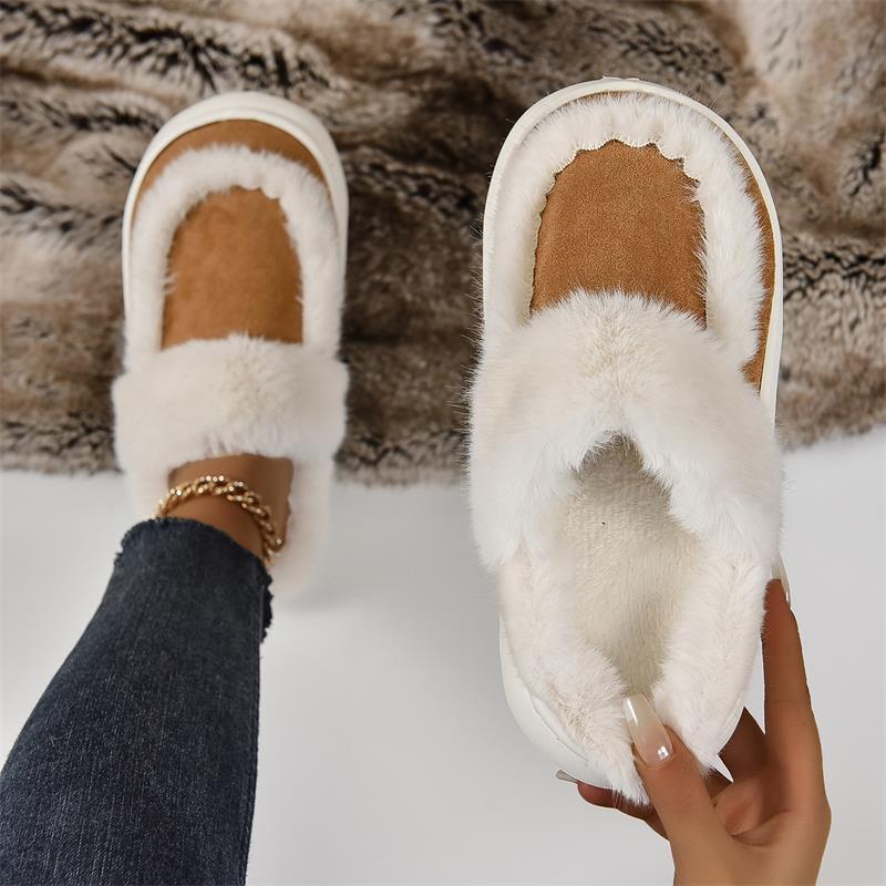 Winter Women Platform Fur Slippers Warm New Short Plush Flats Home Cotton Shoes Suede Slippers