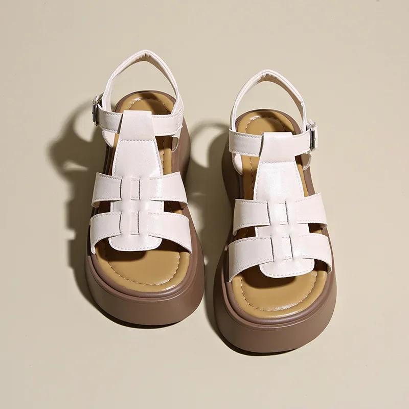 Korean Style Thick Heel Roman Sandals Women Summer New Soft Leather Woven Slip-On Beach Shoes Fashionable One-Strap