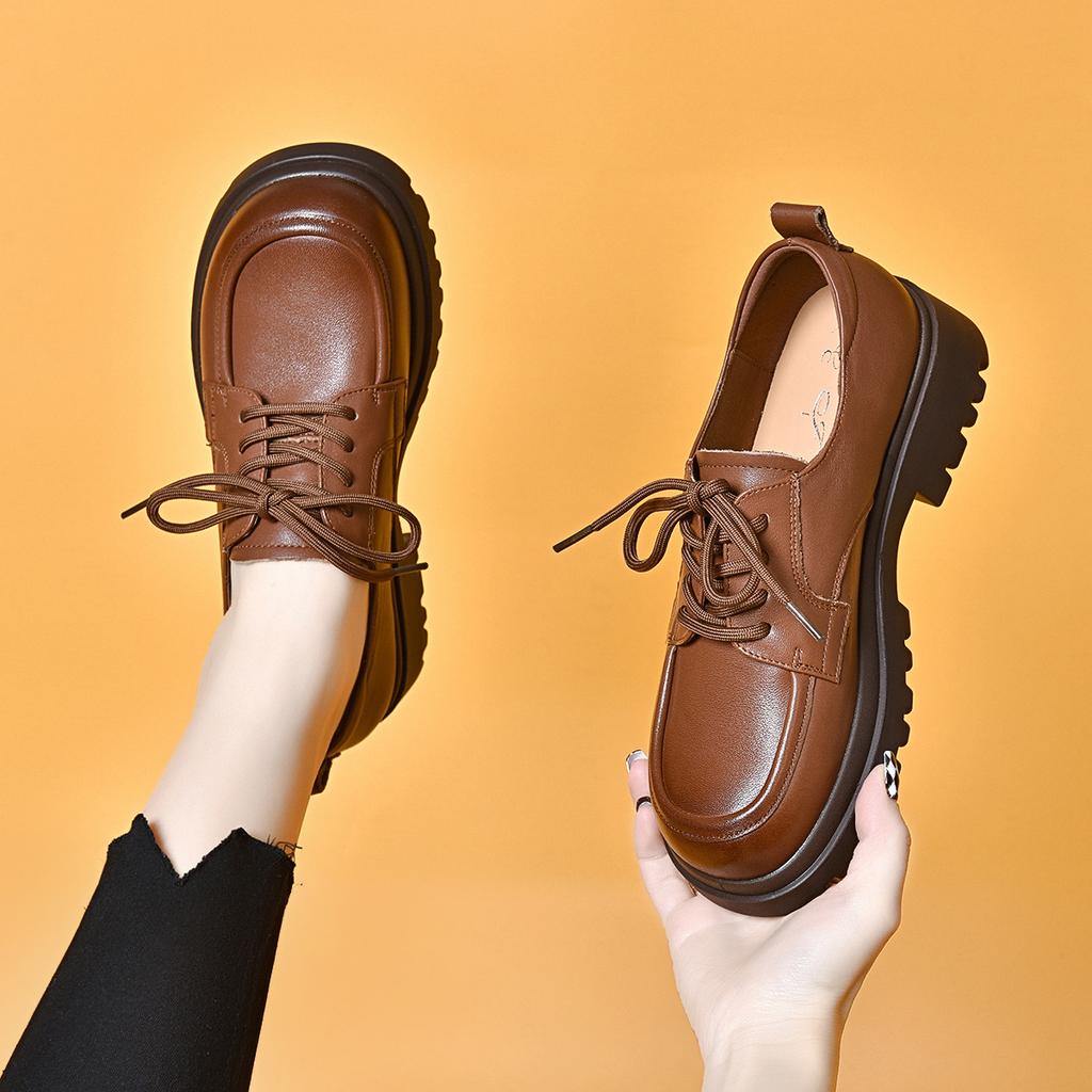 Round Head Small Leather Shoes Women's 2025 First-layer Cowhide Lace-up Single Shoes Four-season Shoes Comfortable Soft Leather Loafers