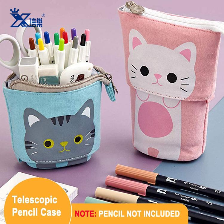 Hot Bulk Sales Zipper Estuches Escolares Cute Cartoon Cat Pen Pouch Telescopic Fancy Stationery Bag Standing Up Kids Pencil Case