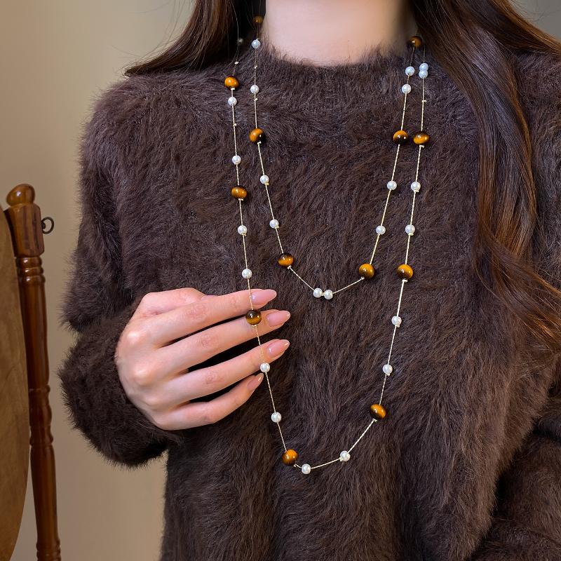 1Pcs Retro Stackable Glass Bead Sweater Neck Chain Multi-layer Tiger's Eye Stone Necklaces For Women Charms Jewelry Gifts
