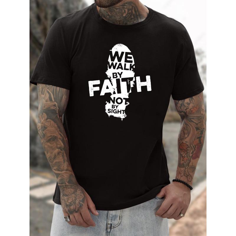 European size WALK BY FAITH Print Men's Casual T-shirt, Short Sleeve Versatile Comfy Tee Tops For Summer Outdoor
