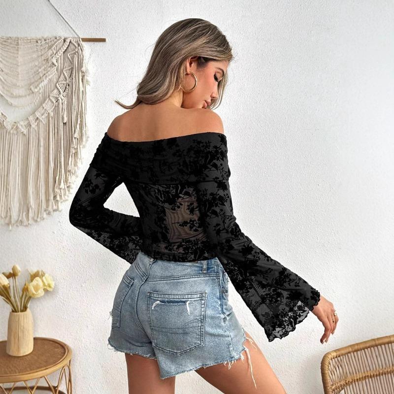 New Elegant Off Shoulder Mesh Floral Print Blouse Women Long Sleeve Fashion See Through Shirt Thin T-shirt Casual Short Tops Black Tees