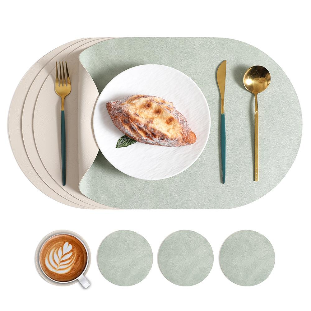 Nordic ins cowhide leather placemat two-color tableware oval dining table western food plate anti-scalding heat insulation pad waterproof