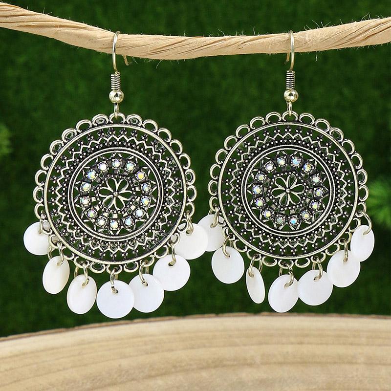 Vintage Ethnic Style Hollow Water Drop Pendant Earrings for Women Long Antique Silver Color Elegant Earring Jhumka Jewelry