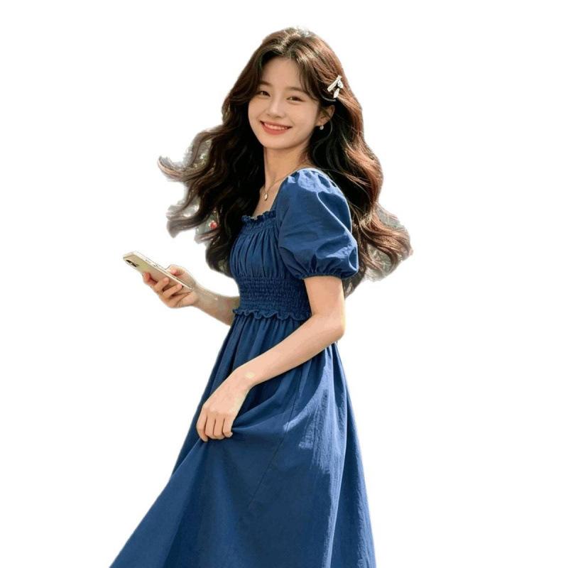 Retro Square Neck Bubble Sleeve Skirt New Year's Model Summer Thin Long Dress Skinny and High Temperament Dress Women