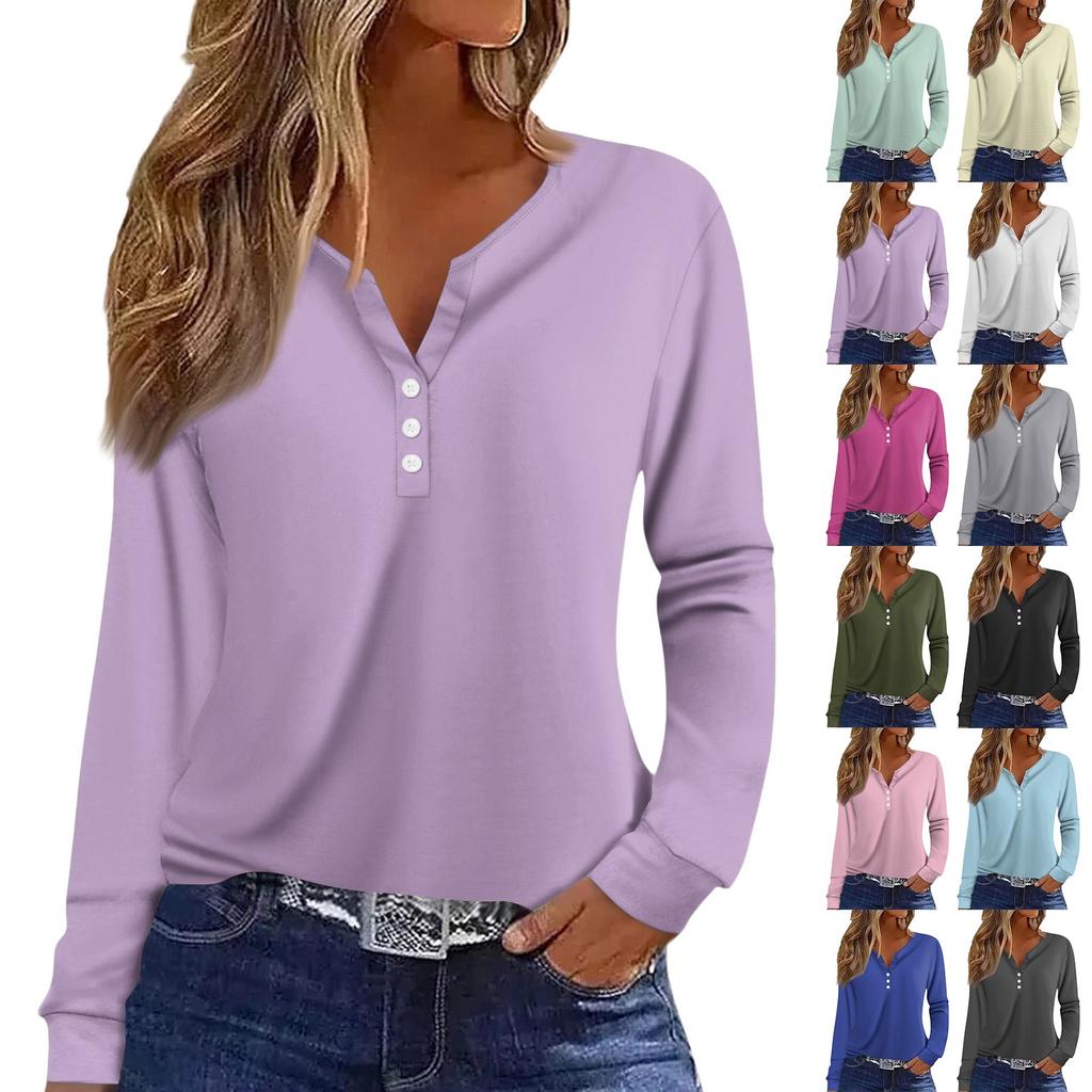 Dámské tričko Tričko Knoflíček Dlouhý rukáv Denní víkendová móda Basic Top s výstřihem do V