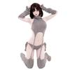 Erotic Sexy Anime Cat Girl Gray Turtleneck Sweater Uniform Outfit Cosplay Women Backless Knit Clothes Garter Stocking Costume