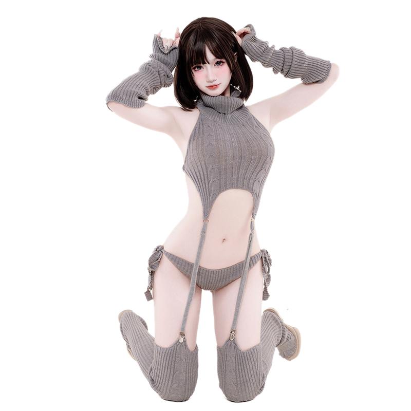 Erotic Sexy Anime Cat Girl Gray Turtleneck Sweater Uniform Outfit Cosplay Women Backless Knit Clothes Garter Stocking Costume