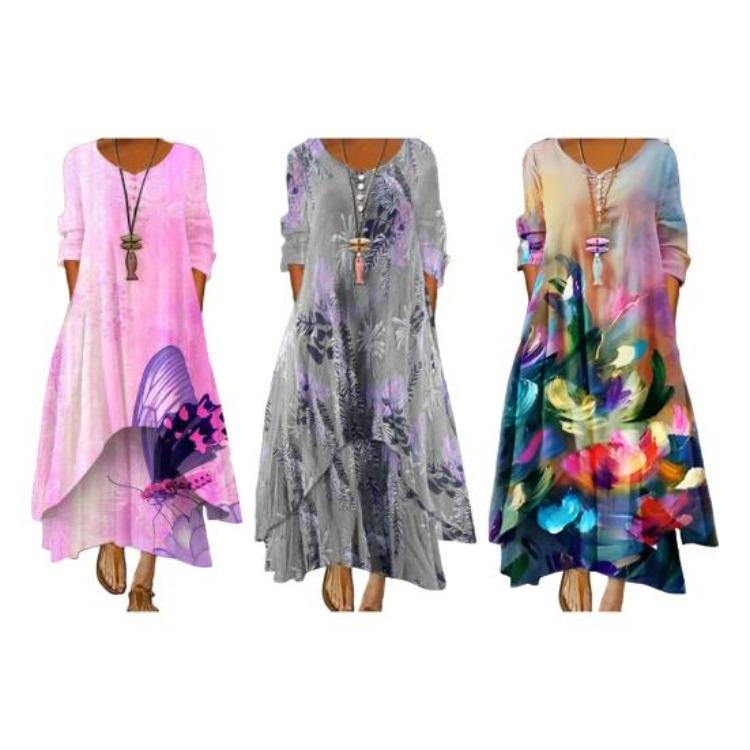 Vintage Floral Print Loose A Line Maxi Dress with Pockets V Neck Layered Hem Spring Fall Daily Work Party Dress