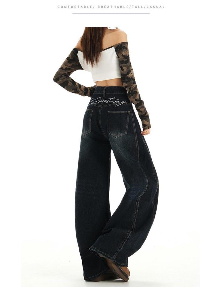 Women's Autumn High-Waisted Scimitar Jeans: Lazy Style Loose Wide-Leg Mop Pants
