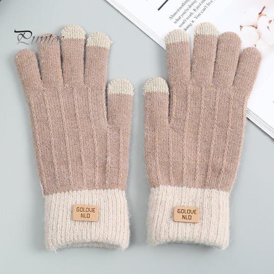 1 Pair Unisex Winter Gloves Knitted Thick Warm Color Matching Touch Screen Anti-slip Elastic Soft Warm Thick Plush Cycling Riding Gloves