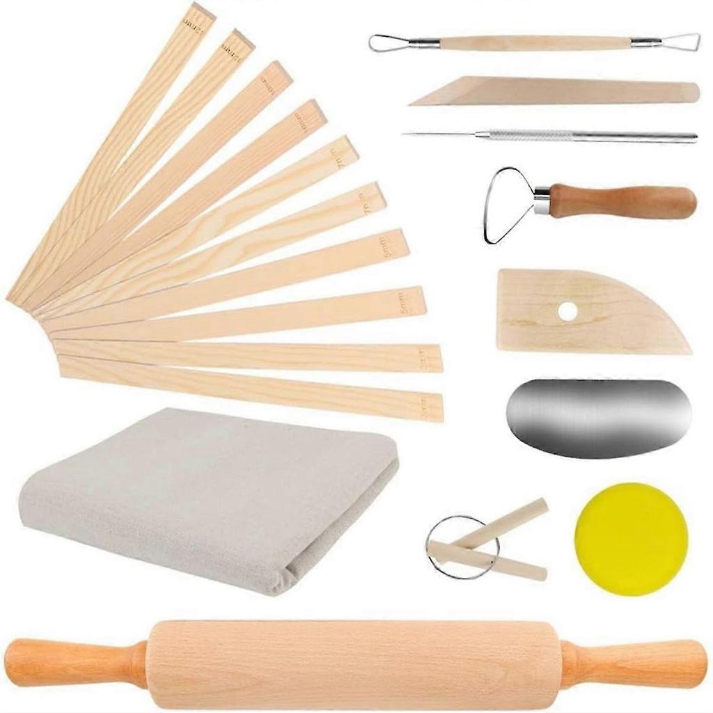 20Pcs Pottery Teaching Kit,with Rolling Pin,Pottery Teaching Rolling Mud Sticks,Clay Sculpting Tools and Premium Linen