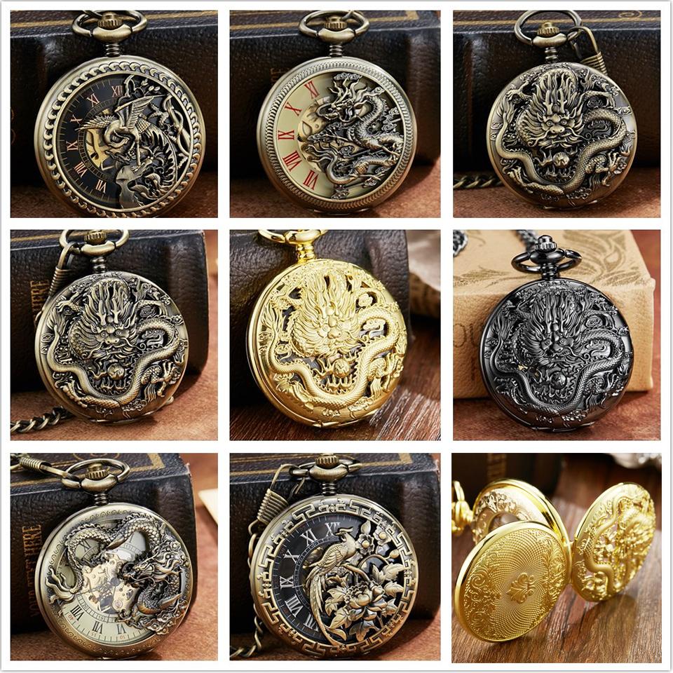 Luxury Golden Dragon Mechanical Fob Clock Phoenix Hollow Sculpture Mechanical Skeleton Pocket Watches Men Chain Wedding Gifts