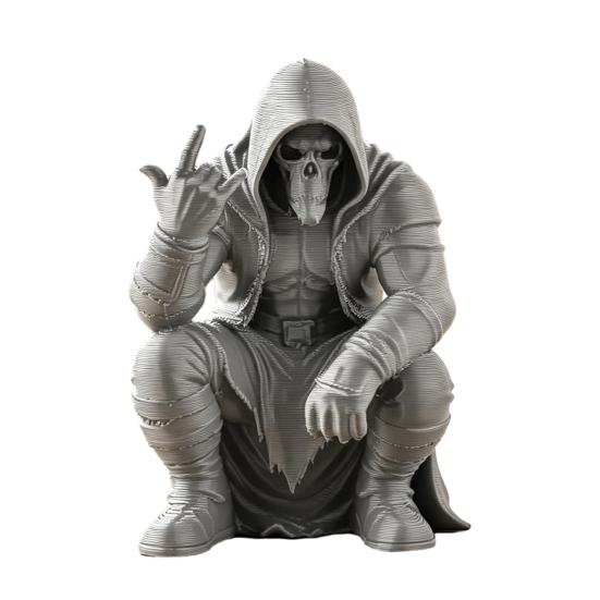 3D Printed Mini Hooded Skull Figurine, Dark Style Desktop Ornament, Cool Rock Gesture Skeleton Decor for Study Room E-Sports Room