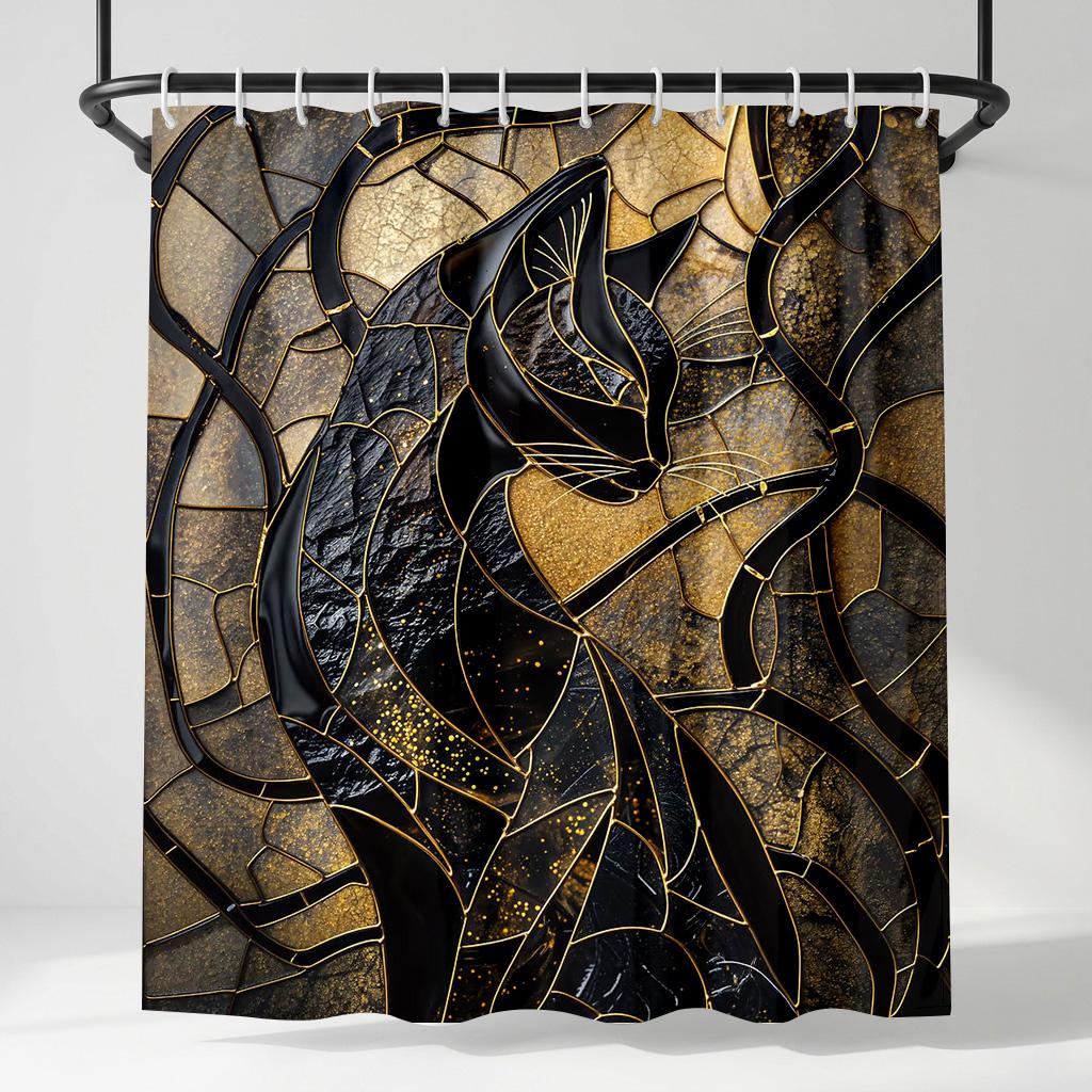 

Art Deco Stained Glass Black Cat Shower Curtain, Luxury Gold & Marble Mosaic Pattern, Elegant Gothic Bathroom Decor Set W60H190(CM)-1 Pcs