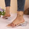 Crystal Square Slippers Summer New Square Head Open-toed Printed Transparent Belt Anti-slip Wear-resistant Heel Shoes