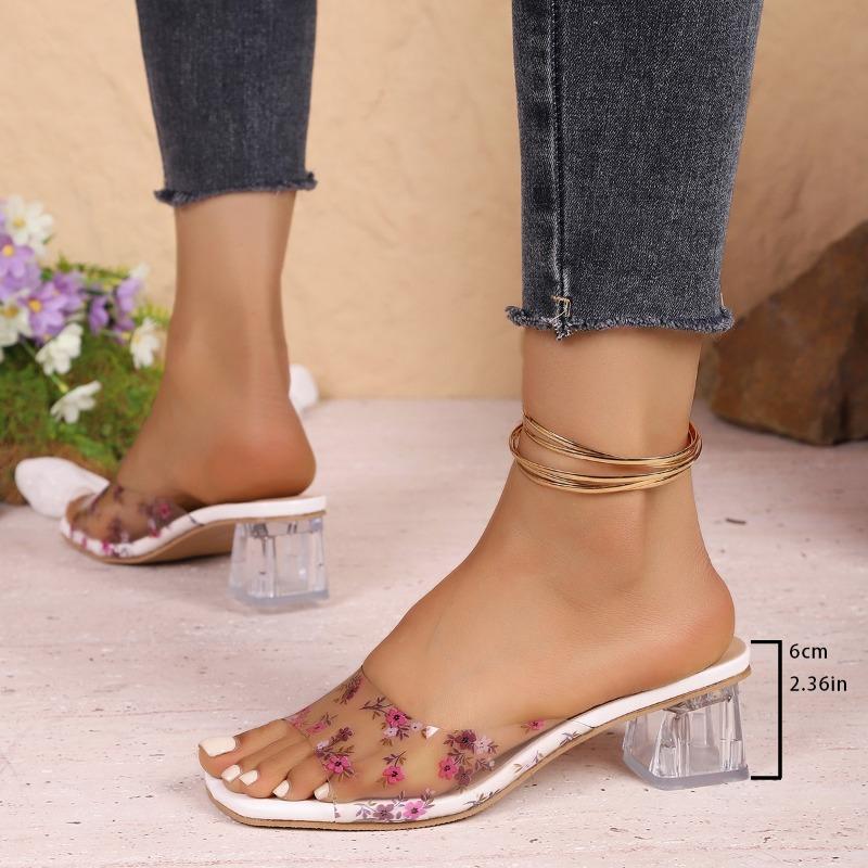 Crystal Square Slippers Summer New Square Head Open-toed Printed Transparent Belt Anti-slip Wear-resistant Heel Shoes
