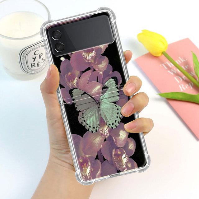 Husă de lux Butterfly Flower pentru Samsung Galaxy Z Flip 3 4 5g Funda Z Flip3 Clear Pc Hard rezistentă la șocuri Coque Shell