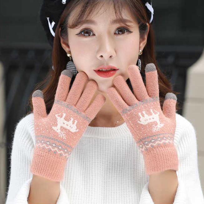 Thickened Plus Velvet Touch Screen Gloves Female Winter Korean Version Knitted Printing Gloves Split Finger Wool Gloves