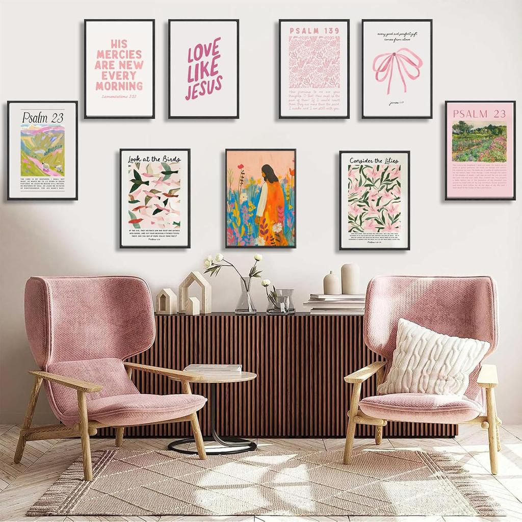 9pcs Christian Wall Art Bundle in Pink Bible Verse Paintings Pictures Wall decor Jesus Poster Printing Artworkfor Girls Room Christian Housewarming