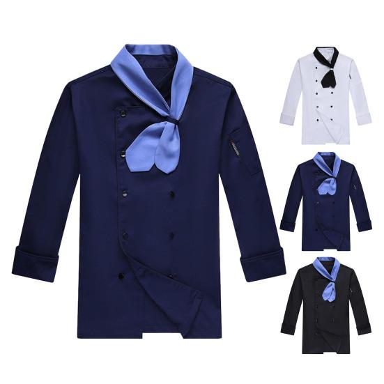 Chef Uniform with Scarf Tie Double-Breasted Buttons Stand Collar Long Sleeves Women Men Chef Shirt Workwear
