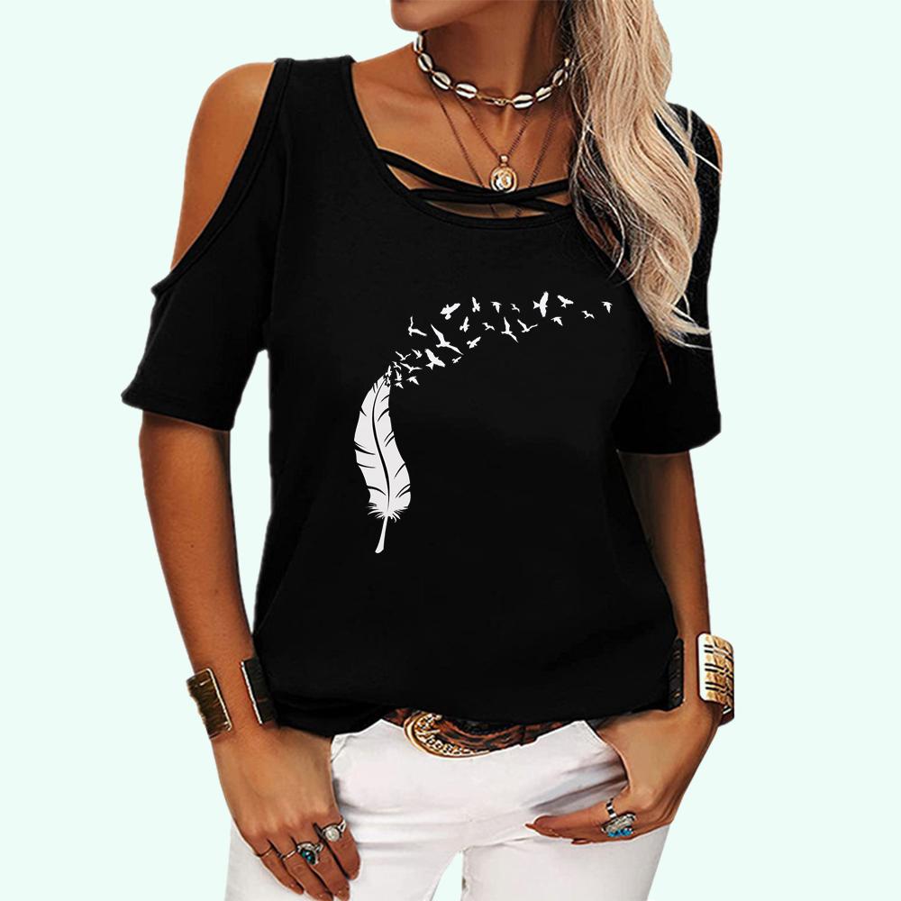 Women Fashion Printed Short Sleeve Top Ladies Summer Off Shoulder T-shirt Casual Round Collar Tee Shirt Pullover Loose T-shirt