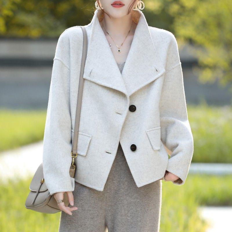 

Women s Petite Double-Faced Cashmere Coat - Short Stand Collar, Pure Wool, Loose Slimming Fit for Autumn/Winter S 90-130 jin