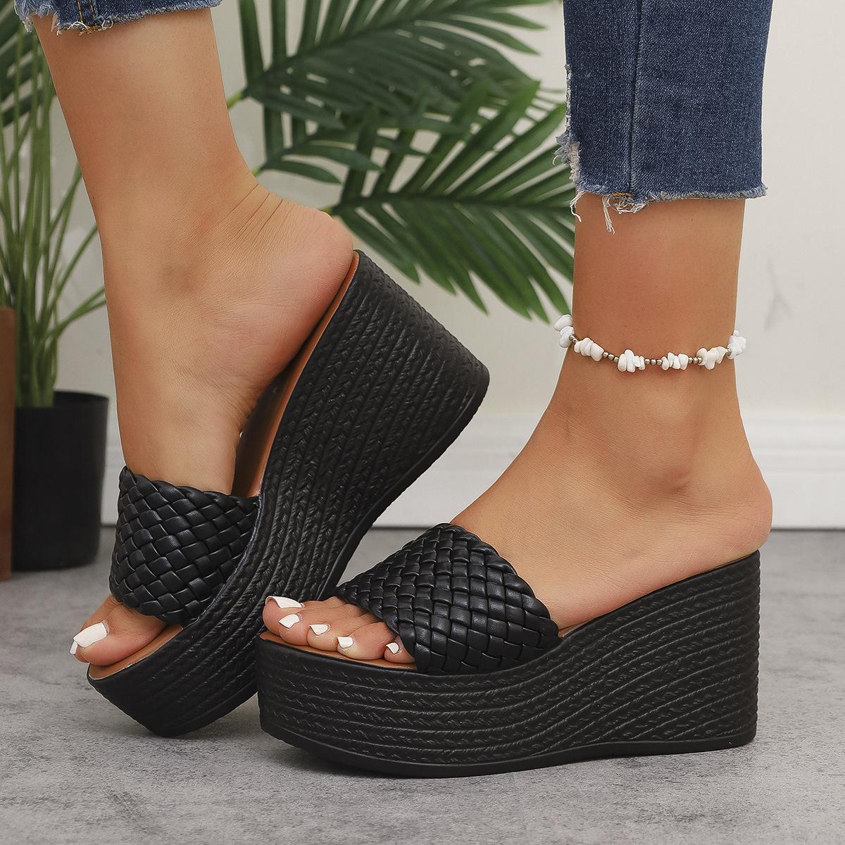 

Новые сандалии на танкетке с толстой подошвой, с открытым носком, на ремешке, плетеные, легкие сандалии-маффины, большого размера 34 чёрный