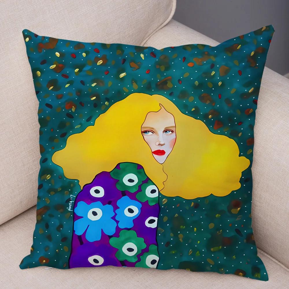 Fashion Abstract Girl Pillowcase Soft Plush Decor Cartoon Flower Lady Cushion Cover for Sofa Home Throw Pillow Case 45x45cm