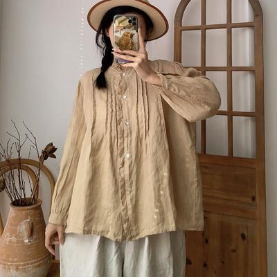 Vintage Linen Soild Color Ruffles Collar Women Shirts Casual Japanese Loose Folds Female Blouses