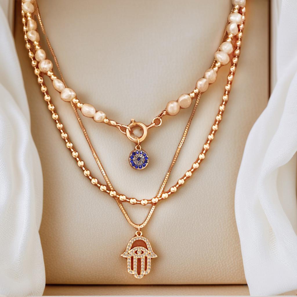Vintage Geometrische Anhänger Halskette für Damen Glückliche Böse Augen Handfläche Kreuz Perle Zirkon Mehrschichtige Metallkette Choker Schmuck