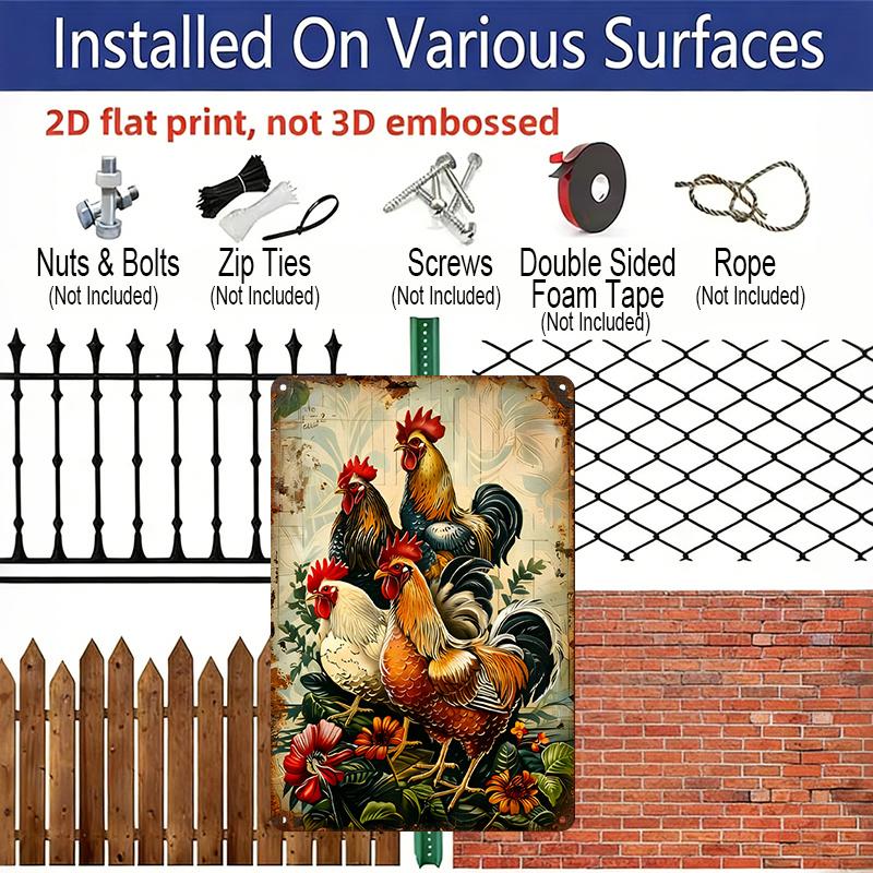 2D Flat, 1pc Vintage Rooster Metal Sign - 8x12 Inch Rustic Aluminum Wall Art with 3 Roosters & Floral Design, Indoor/Outdoor Decorative Hanging Plate