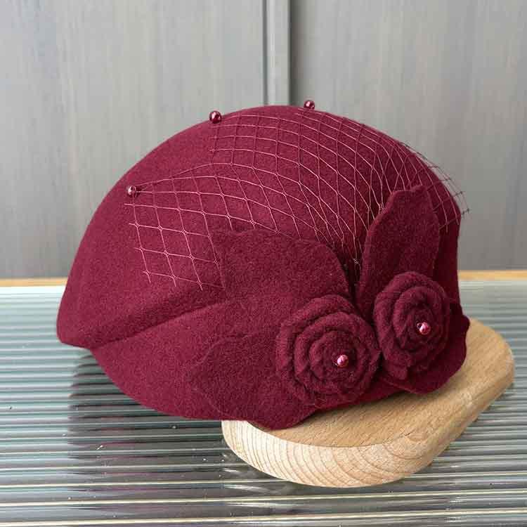 Ladies autumn and winter woolen bud hat elegant mesh flower three-dimensional stewardess hat British retro styling fashion hat