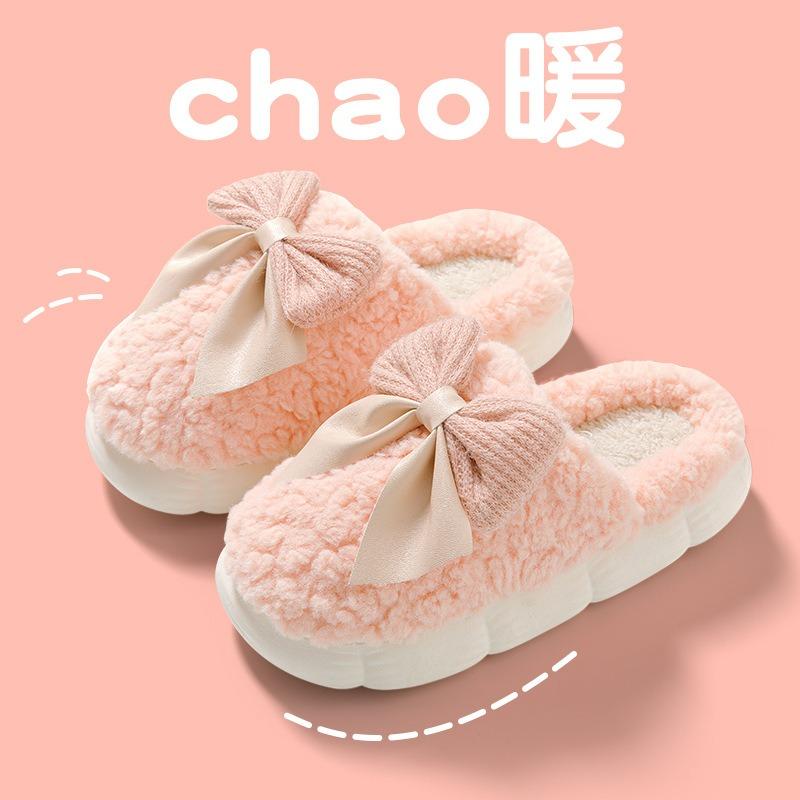 Bow cotton slippers women's winter indoor home new cotton mop autumn and winter thick-soled warm confinement shoes