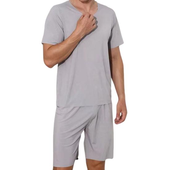 

Мужской спортивный костюм из 2 шт./компл., футболка с круглым вырезом и коротким рукавом, эластичная талия, широкие шорты, комплект из ледяного шелка, однотонная одежда для сна, домашняя одежда XL серый