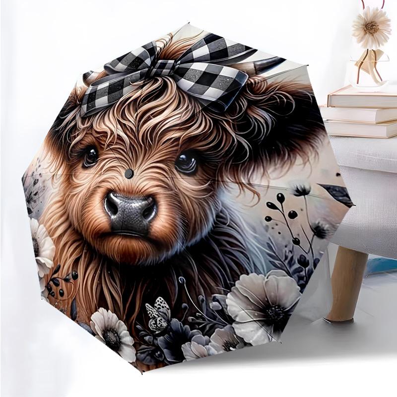 Highland Cattle Pattern Folding Umbrella Fashion Auto-Open 8 Iron Ribs Plastic Handle Foldable Sunshade Perfect Christmas Gifts