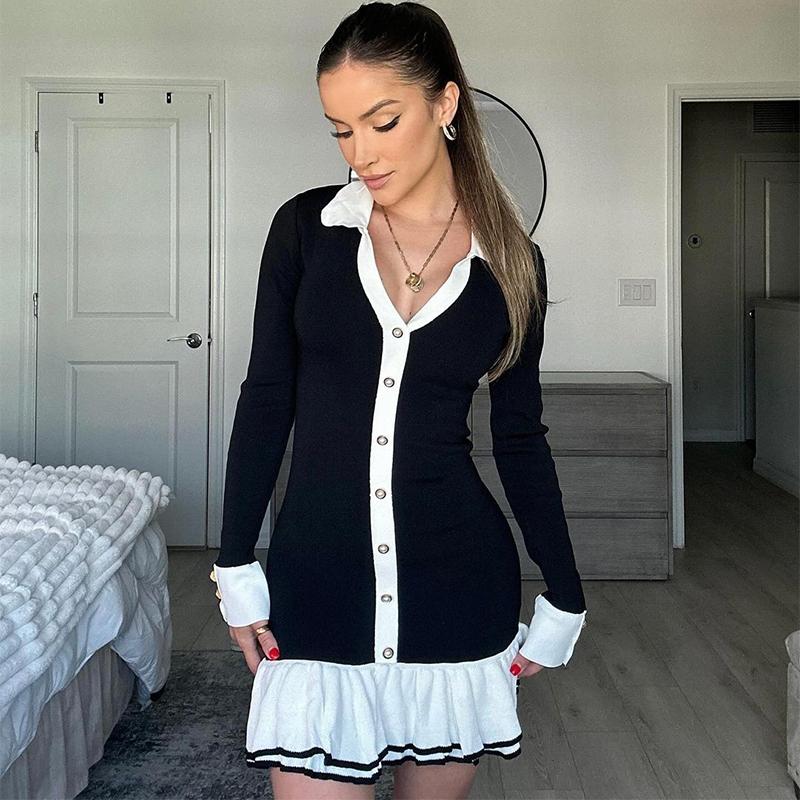 Ruffle Splice Knitwear Dress Women Elegant Bandage Bow Backless Mini Dresses Femme Holiday Long Sleeve Contrast Cardigan Lace Up Vacation Knit Dress