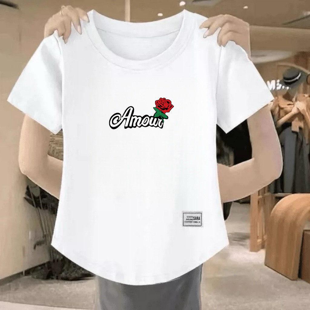 Women's Casual Short-Sleeve T-Shirt: Summer, Loose Fit, Round Neck, Letter Print, Slimming Design.